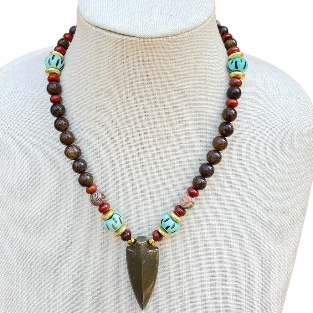 Boho Bronzite, red jasper and agate gemstone arrow necklace